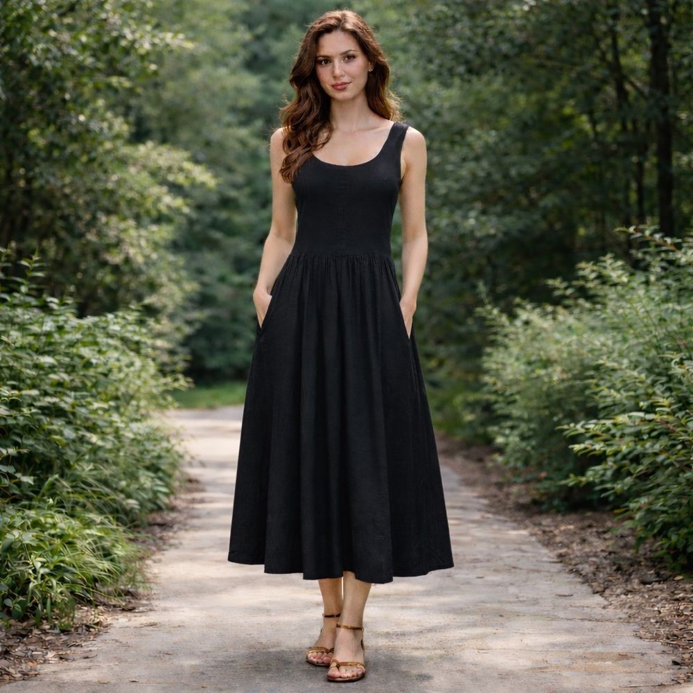 Rebecca Taylor La Vie Dress cap sleeve scoop back midi black pockets Stretch M
